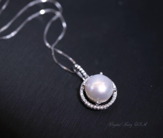 Large Freshwater Pearl Necklace - 925 Sterling Silver Bridal Pearl Necklace -   Princess Diana Style Box Chain Halo White Pearl #208