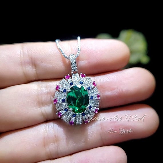 Green Emerald Necklace - Source Light Jewelry - 18KGP @Sterling Silver -  Radiant Exclusive Store Design 2.8 CT - Emerald Pendant #870