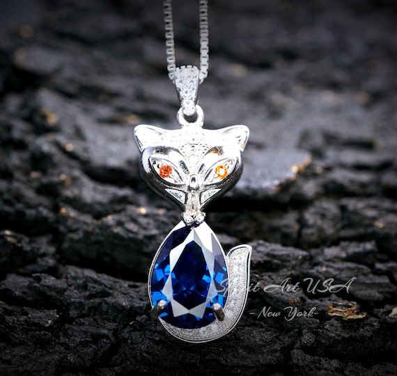 Blue Sapphire Fox Sterling Silver Necklace White Gold Teardrop