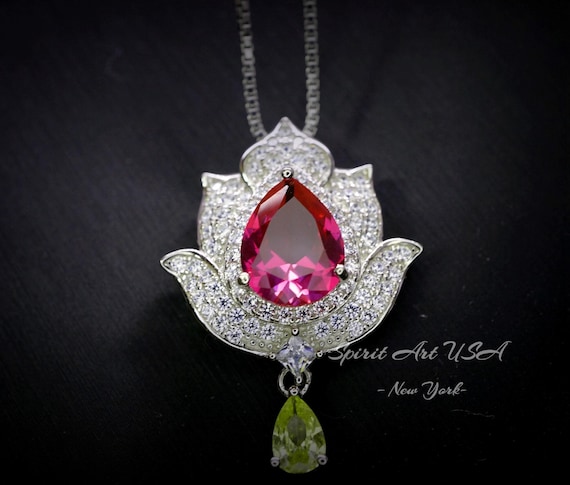 Ruby Necklace - Gemstone Lotus Flower Pendant - 18kGP @ Sterling Silver -Teardrop Halo  Ruby Pendant #922