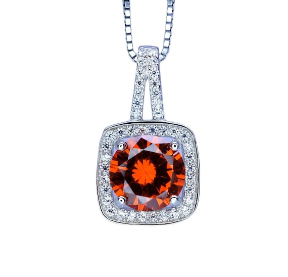 Red Orange Sunstone Necklace - Tangerine Orange Sapphire Pendant - High Quality Square Sterling Silver 2 CT Jewelry #267