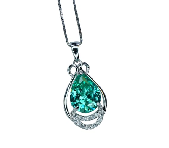 Teardrop  Green Paraiba Necklace - 18kgp @ Sterling Silver - Pear Cut Green Tourmaline Pendant #945