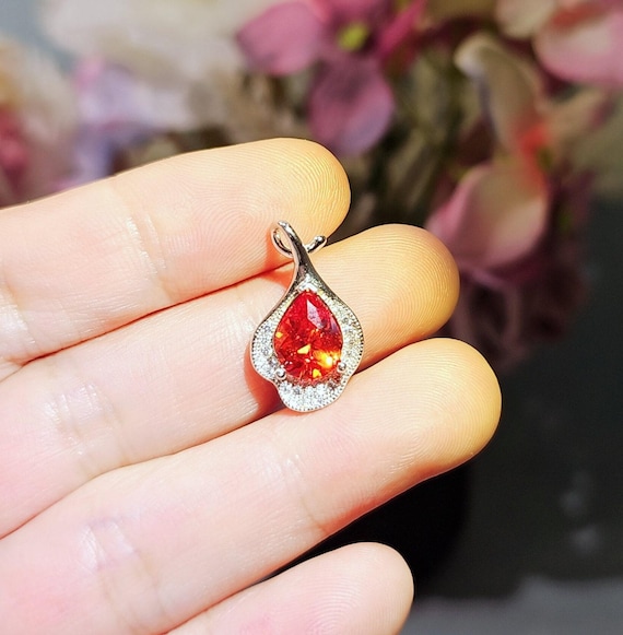 Orange Sunstone Necklace Sterling Silver Flower Petal Pendant  Teardrop Sun stone Gemstone #989