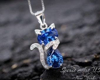 Cat Blue Sapphire Necklace, Kitty Cat Blue Sapphire Pendant Gemstone White Gold Plated Sterling Silver Pets Lover Jewelry #219