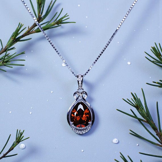 Teardrop Garnet Necklace - White Gold plated Sterling Silver - 2.75 CT Red Garnet Pendant - January Birthstone #438