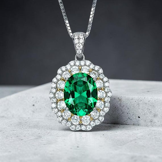 Double Halo Emerald Necklace - Green Emerald Pendant - 18kgp @ Sterling Silver - May Birthstone - Emerald Jewelry #593