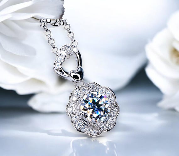 Genuine Moissanite Gemstone Necklace - GRA Certificate Gemstone Jewelry Round Cut Rose FlowerJewelry #792