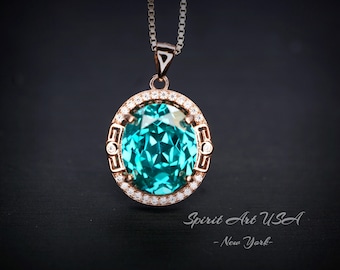 Green Paraiba Tourmaline Necklace  Rose Gold coated Sterling Silver Large 4.7 CT Turquoise Green  Paraiba Necklace #984