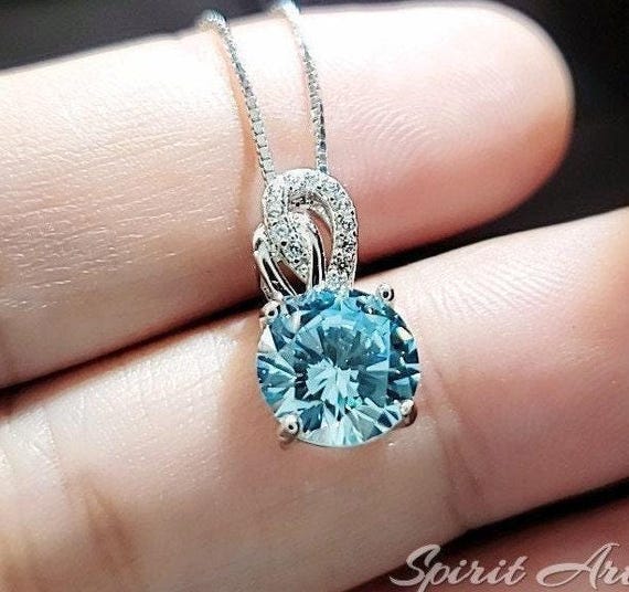 Tiny Blue Aquamarine Necklace - Sterling Silver Single Halo Dangle Round 8mm - March Birthstone -  Aquamarine Jewelry 081