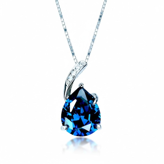 Teardrop Blue Sapphire Necklace - Solitaire Pear Cut 3.5CT - 18KGP @ Sterling Silver - Simple Large Blue Sapphire Pendant #925