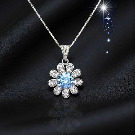 Aquamarine Necklace Sterling Silver Sunflower Pendant Sim Gemstone 1 Ct Blue Gemstone Pendant White Gold  March Birthstone Tiny Floral 054
