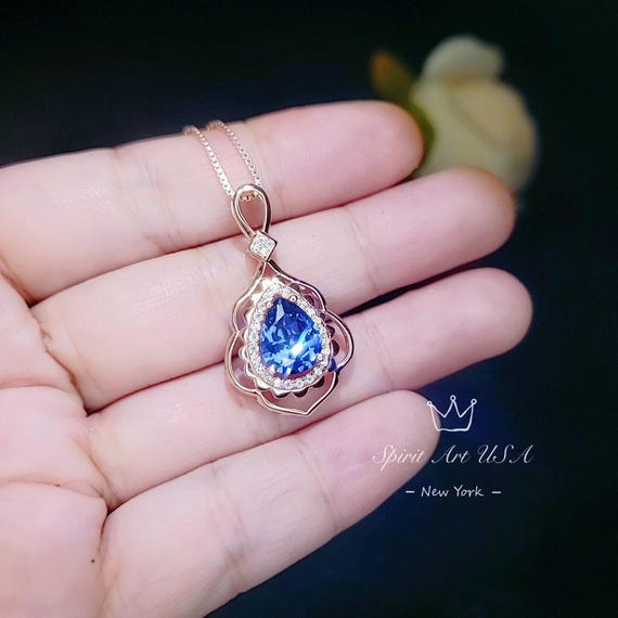 Rose Gold Blue Sapphire Necklace 2.75 CT Teardrop Royal Blue Gemstone Pendant Sterling Silver Pear Gemstone Halo Gold Petal Jewelry #743
