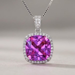 Pink Sapphire Necklace - 6CT Fuchsia Hot Pink Gemstone Pendant - Large Square Sapphire Jewelry Sterling Silver White Gold Plated #462