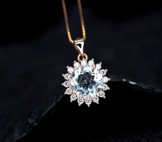 Fine Cut Clear Quartz Necklace, Crystal energy healing Jewelry, Rose Gold coated Sterling silver 8mm Natural Clear quartz  Pendant #005