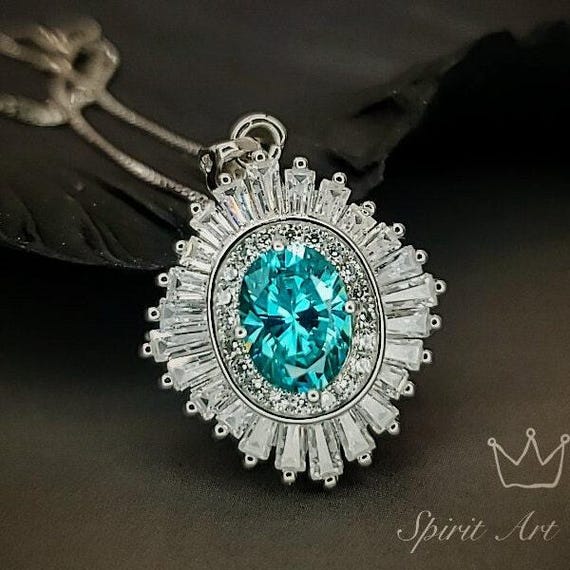 Gemstone Halo Green Paraiba Necklace Sparkling Paraiba Tourmaline Necklace  - White Gold coated Sterling Silver  1.5Ct Paraiba Pendant #1008