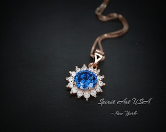 Tiny Rose Gold Blue Sapphire Necklace  - Gemstone Sterling Silver  - Sunflower 6mm 0.85 CT Blue Gemstone September Birthstone 027