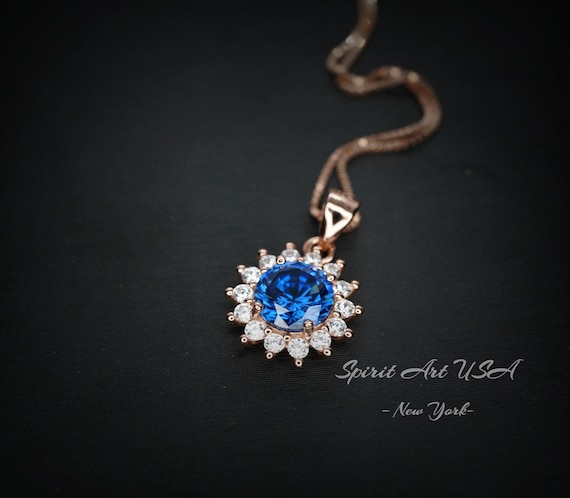 Tiny Rose Gold Blue Sapphire Necklace  - Gemstone Sterling Silver  - Sunflower 6mm 0.85 CT Blue Gemstone September Birthstone 027