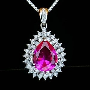 Double Halo Teardrop Pink Topaz Necklace - Gemstone Halo Teardrop Fuchsia Sapphire Pendant - 3 ct White Gold Coated Sterling Silver #758
