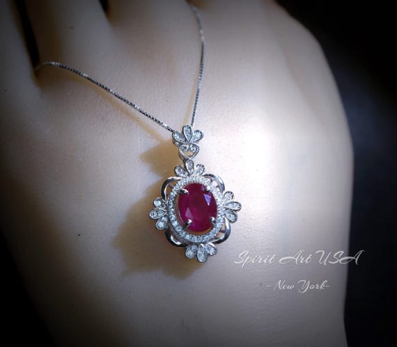 18KGP Ruby Necklace - Gemstone Flower  2.3 CT Ruby Pendant Sterling Silver Vantage Style Royal Red Gemstone Pendant - July Birthstone #538