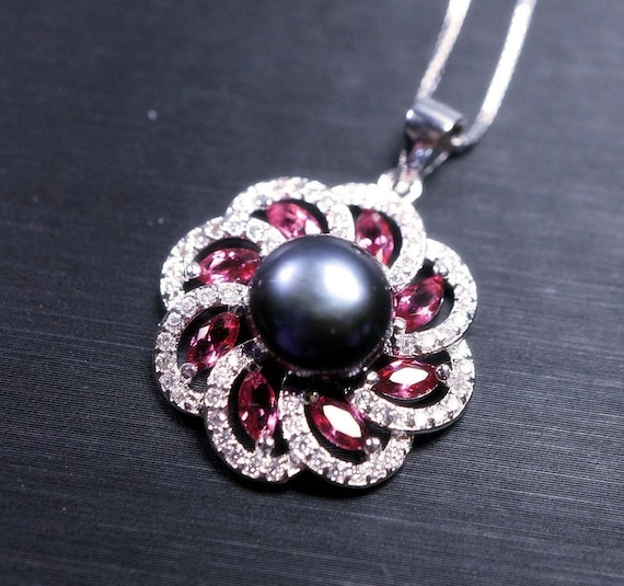 Black Pearl Necklace - Pink Tourmaline Pendant - Dainty Full Sterling Silver Natural South Sea Black Pearl - Single Pearl Necklace 1089
