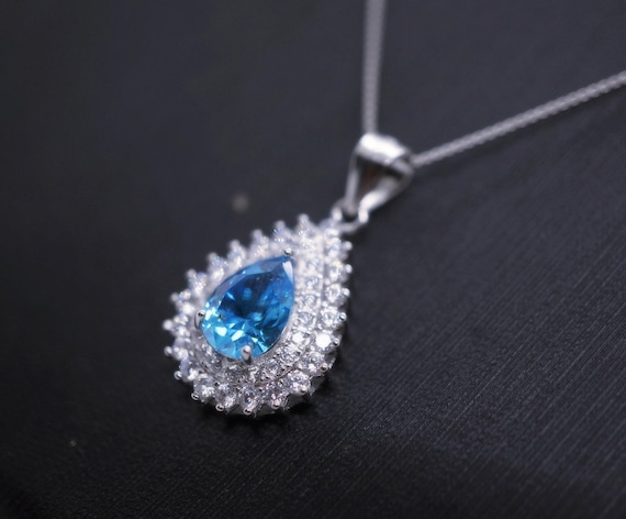 Blue Topaz Necklace - Sterling Silver Gemstone Teardrop Solitaire Blue Gemstone  - November Birthstone - Blue Topaz Pendant #261