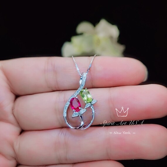 Dainty Ruby Necklace Sterling Silver Green Peridot Necklace Delicate Gemstone Flower High Quality Red Ruby Peridot Pendant 237 Etsy