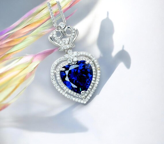 Tanzanite Necklace - Gemstone Royal Ocean Heart Tanzanite Pendant  - 7 CT Double Halo Crown  Blue Tanzanite Titanic Jewelry #896