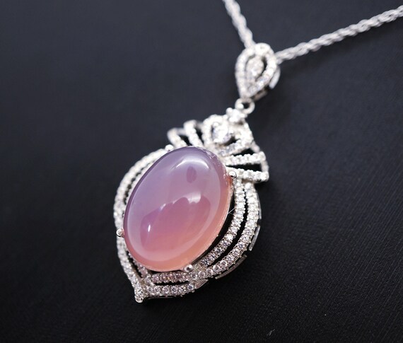 Large Pink Chalcedony Necklace - Sterling Silver Royal Gemstone Pink Gemstone Chalcedony Pendant ,  Wedding Jewelry #889