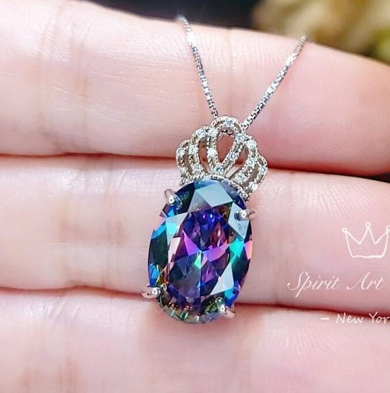 Mystic Topaz Necklace  Gemstone Crown 18KGP @ Sterling Silver  Large Oval - Fire Topaz Pendant -  Royal 6 CT Rainbow Topaz Jewelry #846