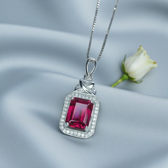 Ruby Necklace Rectangle red Pendant - 18KGP @ Sterling Silver - July Birthstone  chain  #299