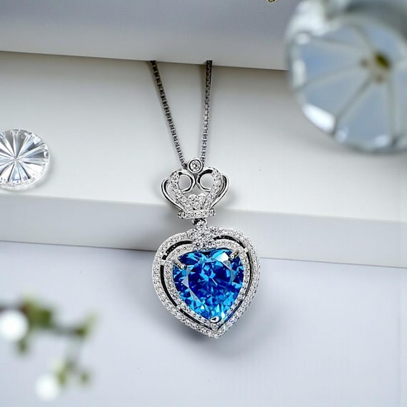 Large Blue Topaz Heart Necklace Full Sterling Silver Ocean Heart of the Ocean My Heart Will Go ON Topaz Pendant 1101