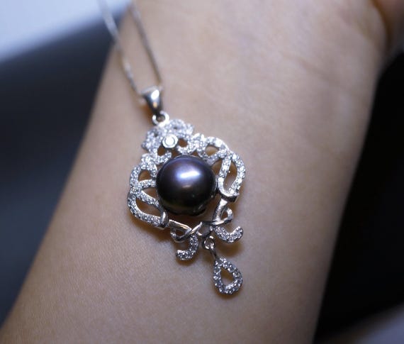 Large Freshwater Black Pearl Necklace - Full Full Sterling Silver High Quality Genuine Black  Pearl Tassel Necklace 1024