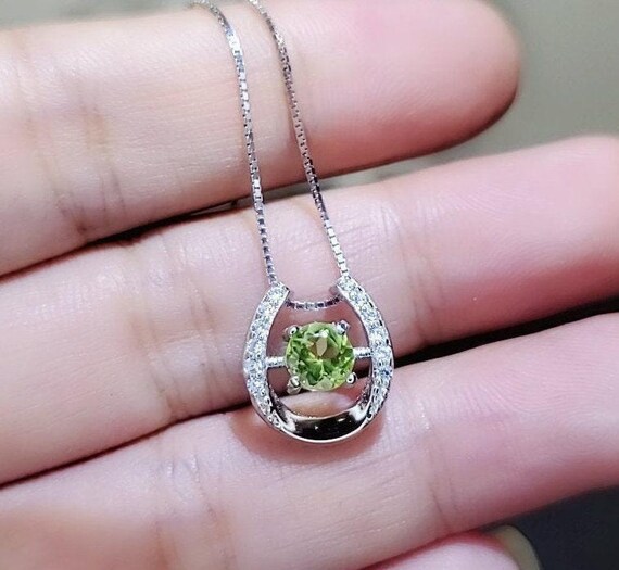 Tiny Green Peridot Necklace Sterling Silver Horseshoe  Peridot Pendant