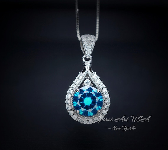 Round blue topaz necklace sterling silver made white yellow rose gold  Chain birthstone jewelry 291
