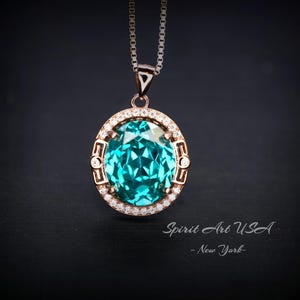 Green Paraiba Tourmaline Necklace  Rose Gold coated Sterling Silver Large 4.7 CT Turquoise Green  Paraiba Necklace #984