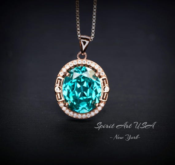 Green Paraiba Tourmaline Necklace  Rose Gold coated Sterling Silver Large 4.7 CT Turquoise Green  Paraiba Necklace #984