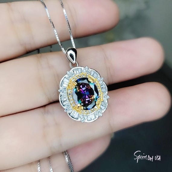 Large Oval Mystic Topaz Necklace - Sterling Silver Rainbow Topaz Pendant  #550