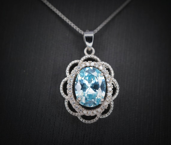 Blue Aquamarine Necklace Silver - March Birthstone -  Life Of Flower -Halo Solitaire 2.2 CT -  Blue Aquamarine Jewelry #478
