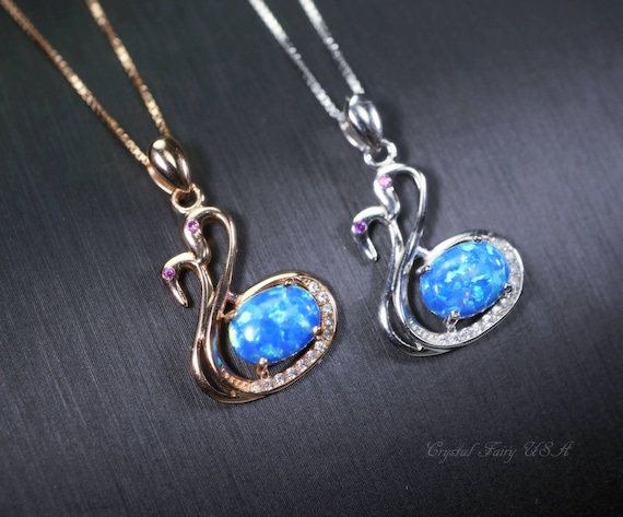 Blue Opal Necklace, Sterling Silver Fire Opal Couple Swan Pendant, Tiny Rose Gold Over Sterling Silver Bird Jewelry 1060