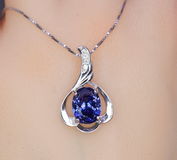 Tanzanite Necklace - 18KGP @ Sterling Silver - Oval Blue Tanzanite Pendant -  Flower Petal - December Birthstone #463