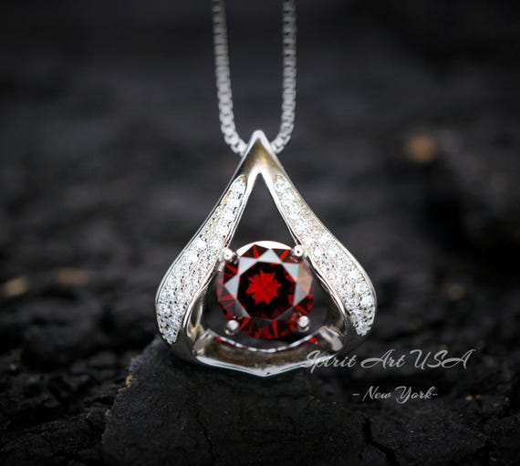 Gemstone Fat Triangle Garnet Necklace -  18KGP & Sterling Silver - 2 Ct Round Cut Deep Red Garnet Jewelry #582