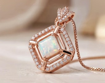 Dainy Square Opal Necklace Diamond Royal Flower Rose Gold Sterling Silver Tiny Fire White Opal   Pendant 1022