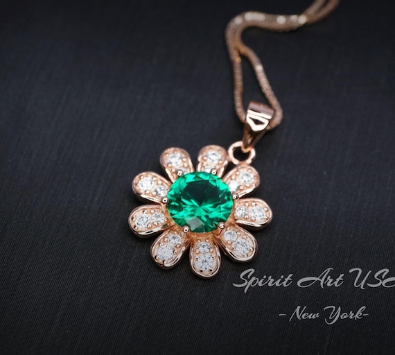 Emerald Necklace - Rose Gold Coated Sterling Silver Sunflower Necklace - Tiny Green Emerald Jewelry 089