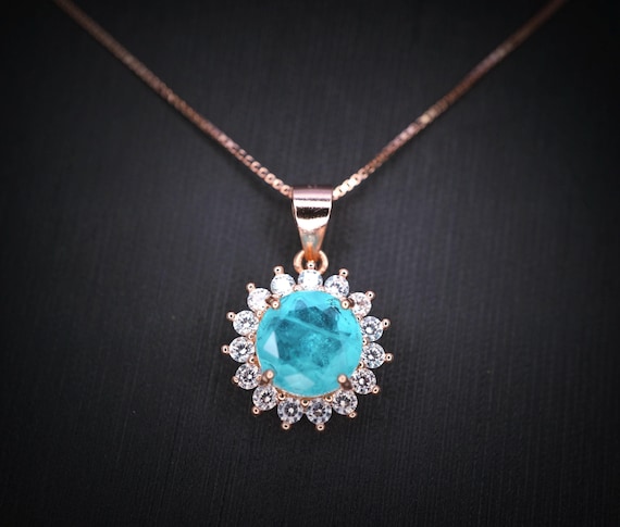 Blue Paraiba Tourmaline Necklace 8mm- Rose Gold Coated 925 Sterling Silver Princess Diana Style  Hola Paraiba Pendant 085