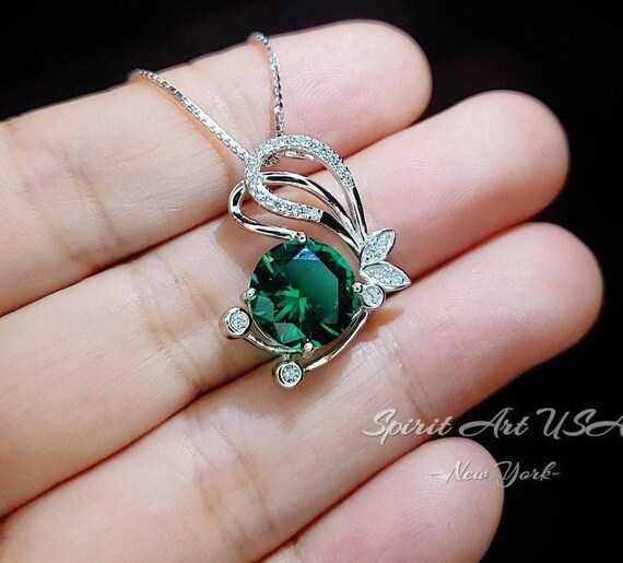 Emerald Butterfly Necklace Large Green  Emerald Pendant Sterling Silver White Gold Coated 4 CT Green Lab Emerald Gemstone Jewelry #964