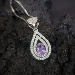 Tiny Natural Amethyst Necklace Sterling Silver Teardrop Halo Genuine Amethyst Jewelry #431