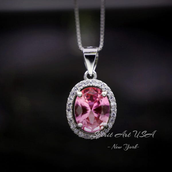 Pink Tourmaline Necklace Sterling Silver , White gold plated Halo Gemstone Stone Solitaire Pink Tourmaline Jewelry #195