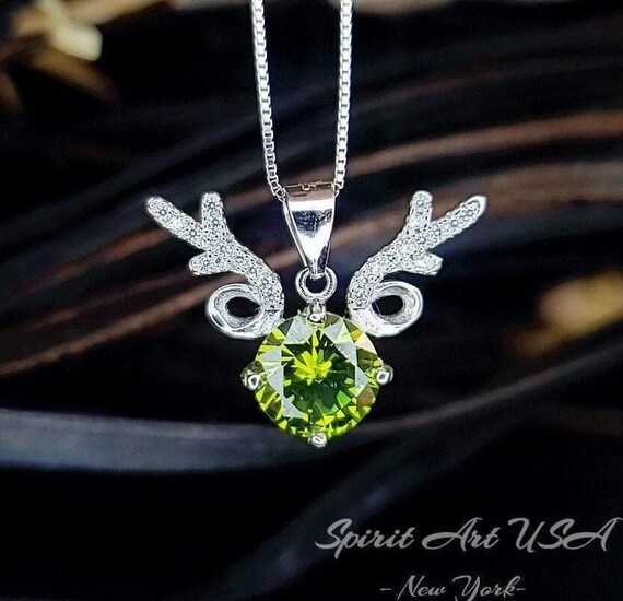 Peridot Necklace -  Antler Deer Style 18KGP @ Sterling Silver - 2 CT Green Peridot Pendant -  Olivine Heart Stone August Birthstone #203