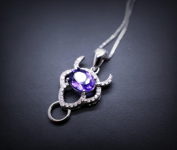 Natural Amethyst Necklace Sterling Silver 1.5 CT Sim Diamond 14k White Gold Coated Buffalo Bull Ox Purple  Pendant February Birthstone 1020