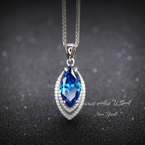Blue Sapphire Necklace Marquise Cut White Gold Coated Full Sterling Silver Large 3 CT Blue Sapphire Pendant Gemstone Leaf Navette Style #676